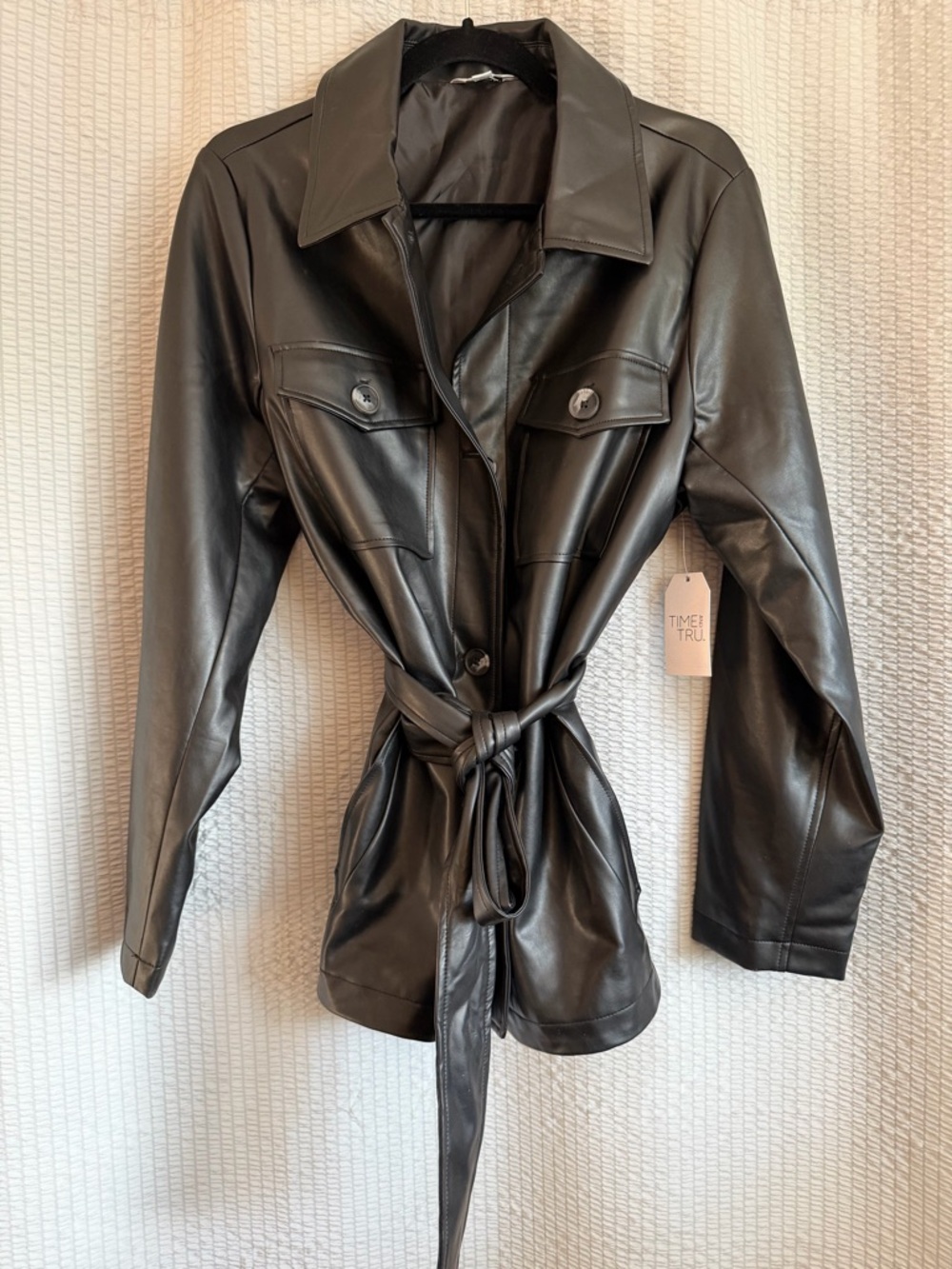 Time and Tru Black Faux Leather Tie-Waist Jacket